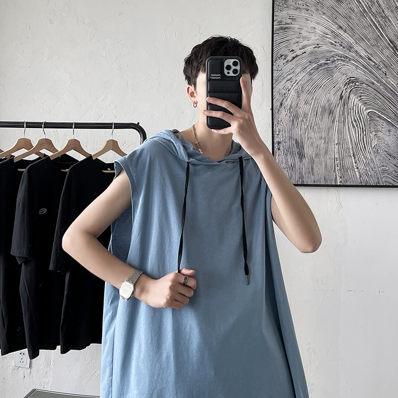 Áo thun thể thao sát nách có mũ trùm đầu màu sắc đơn giản phong cách hip hop thời trang cho nam