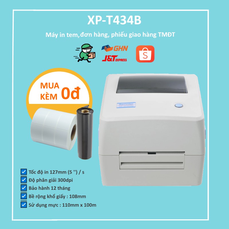 Máy in nhãn XPrinter XP-TT434B (khổ in 110mm-In đơn hàng Online cực nhanh)☑