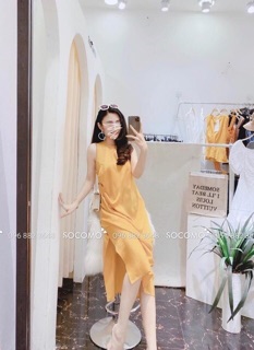 Váy lụa xẻ tà nhúm lệch vạt