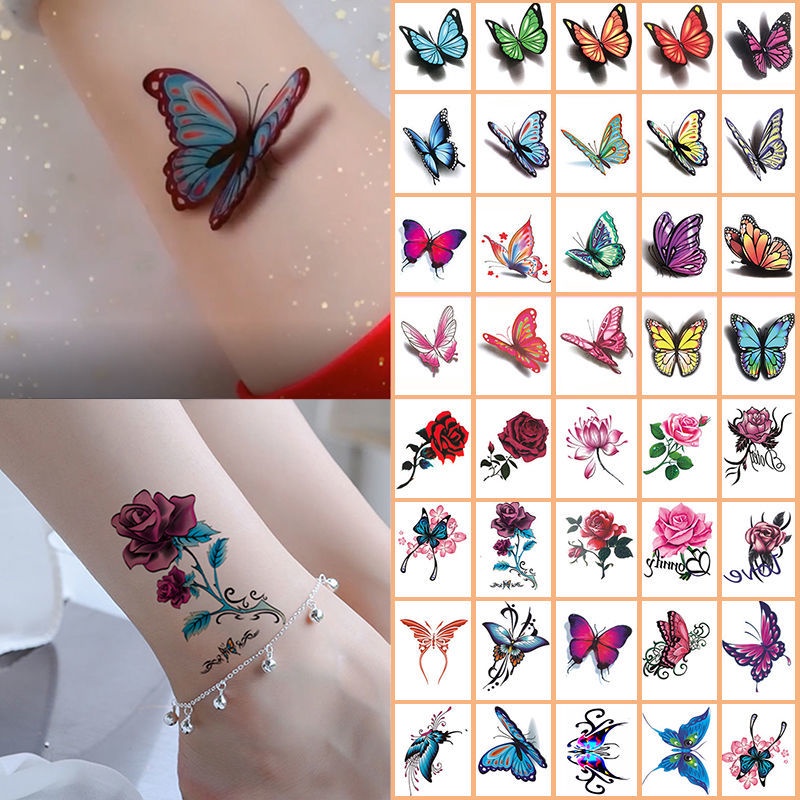 SET 15 Hình Xăm Dán 3d Hình Hoa Hồng / Bướm Không Đau Kháng Nước Lâu Trôi Dễ Sử Dụng Cho Học Sinh