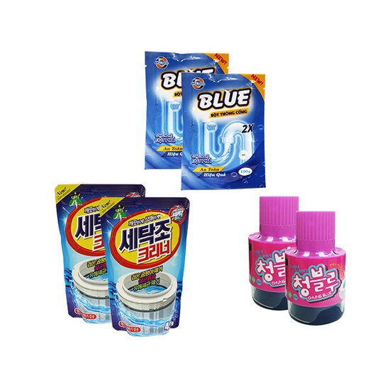 SIÊU HOT COMBO: [Blue]2chai+ 4túi nước giặt (12kg)+ 2gói VSLG Sandokksebi+ 2chai ChungBlue+ 2gói bột thông cống Blue
