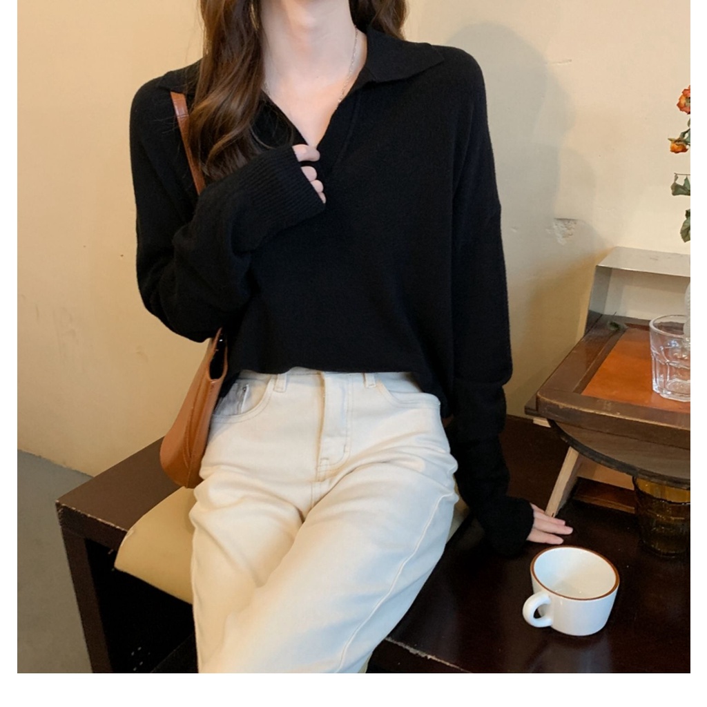 Áo ZHELIHANGFEI dệt kim tay dài cổ polo dáng rộng phong cách Nhật Bản dễ phối đồ cho nữ