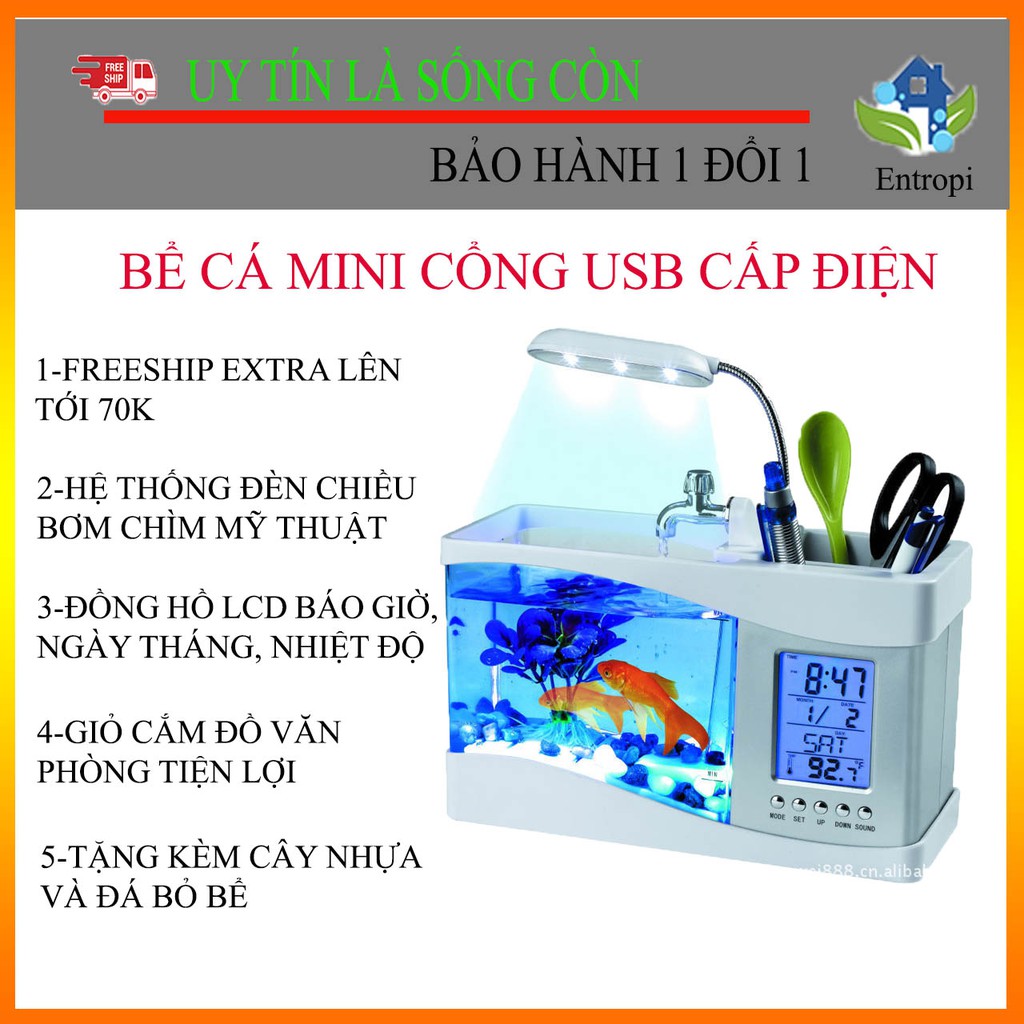 BỂ CÁ MINI PHONG THỦY ĐỂ BÀN CÓ ĐÈN LED VÀ BƠM CHÌM KÈ ĐỒNG HỒ LCD