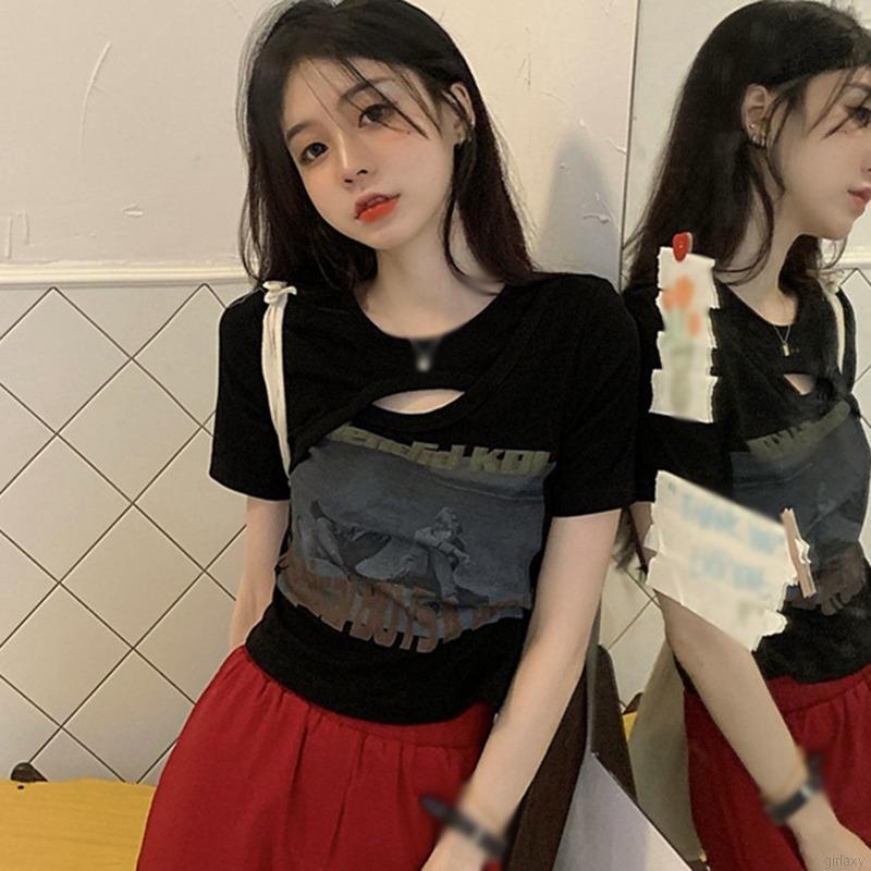 Áo thun croptop tay ngắn thiết kế khoét lỗ độc đáo phong cách Hàn Quốc thời trang mùa hè cho nữ