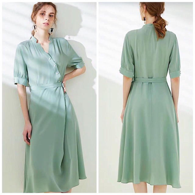 Đầm mint nút xéo (kèm hình thật)