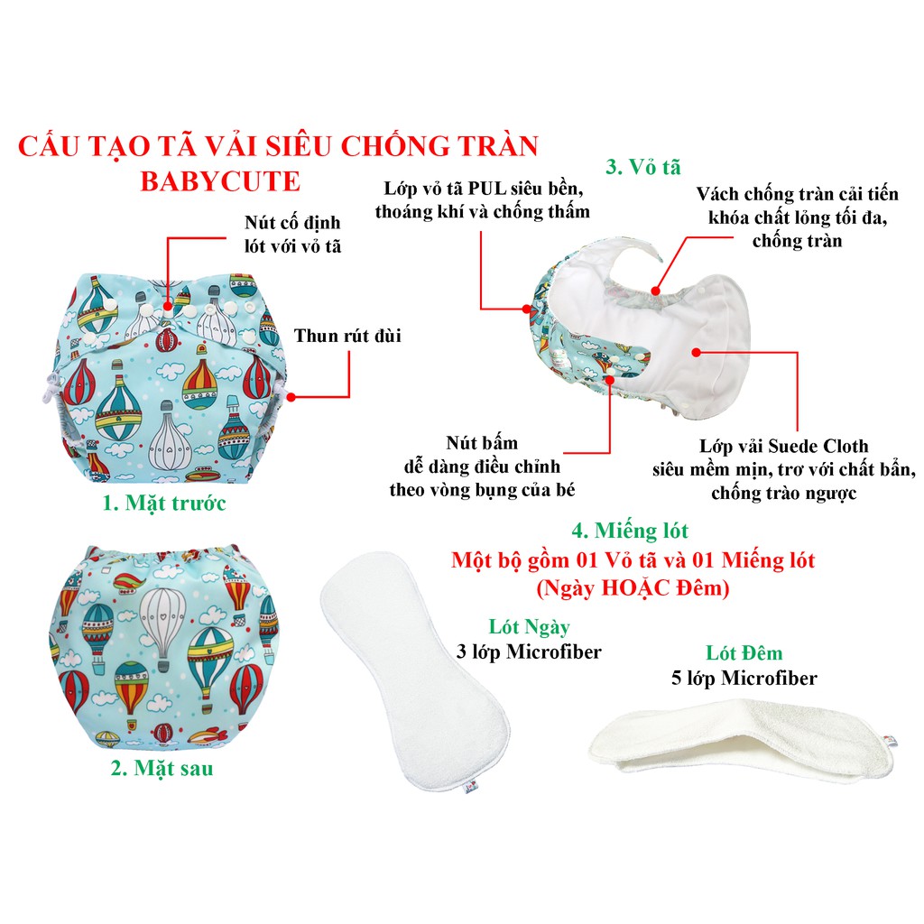 Bộ tã vải Đêm Siêu chống tràn BabyCute size S (3-9kg) (1 vỏ + 1 lót) - Giao mẫu ngẫu nhiên