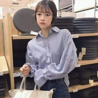 Áo sơ mi kẻ sọc xanh ulzzang nút cúc cổ tay siêu xinh