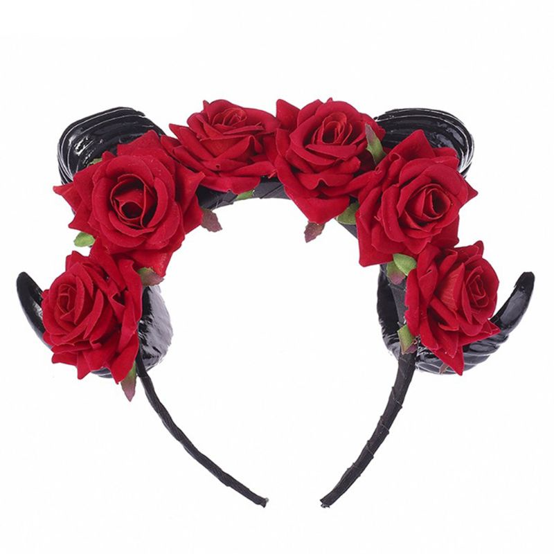 Băng Đô Sừng Cừu Đính Hoa Hồng Nhân Tạo Hóa Trang Halloween