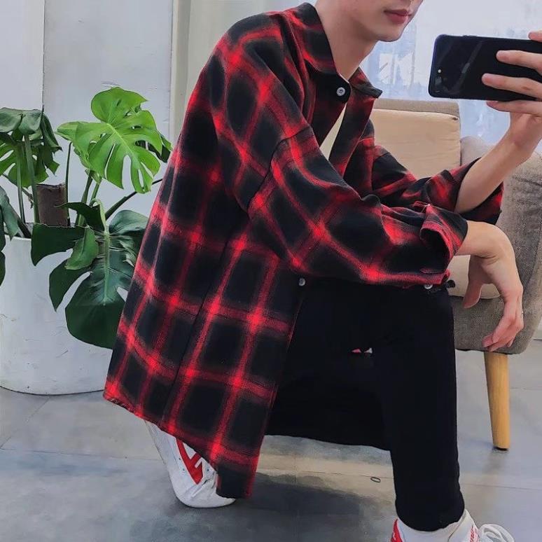Áo sơ mi nam nữ form rộng sọc kẻ caro dài tay Unisex basic cotton kiểu màu xanh và đỏ