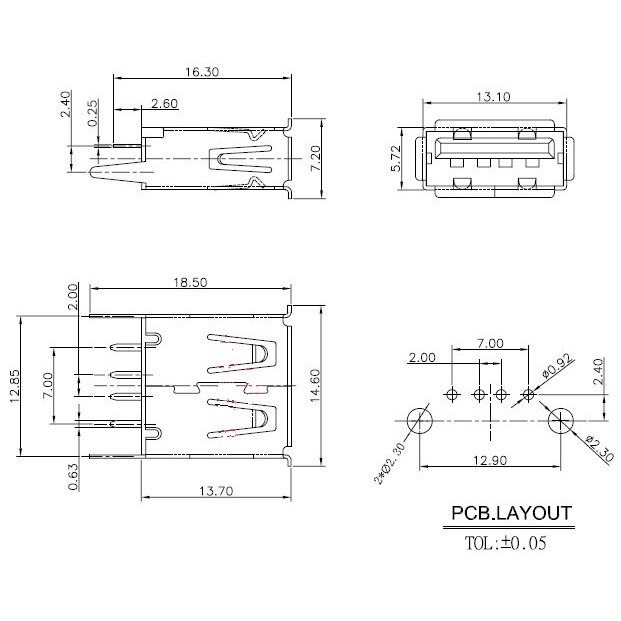 Bộ 20 cái ổ cắm USB dọc 13.7 USB-A AF180 loại A 13.7mm