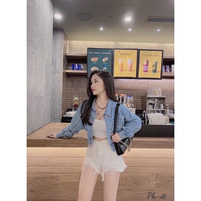 HÀNG MỚI Áo Jeans bò cổ bẻ 2 nắp túi dáng croptop xinh #HOTTRED