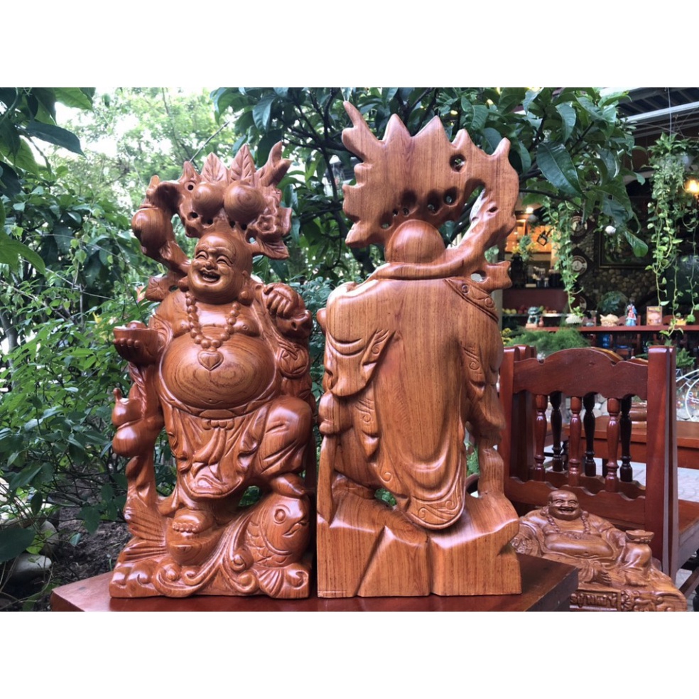 Tượng Phật Di Lặc Cưỡi Cá Chép Gỗ Hương Cao 40cm