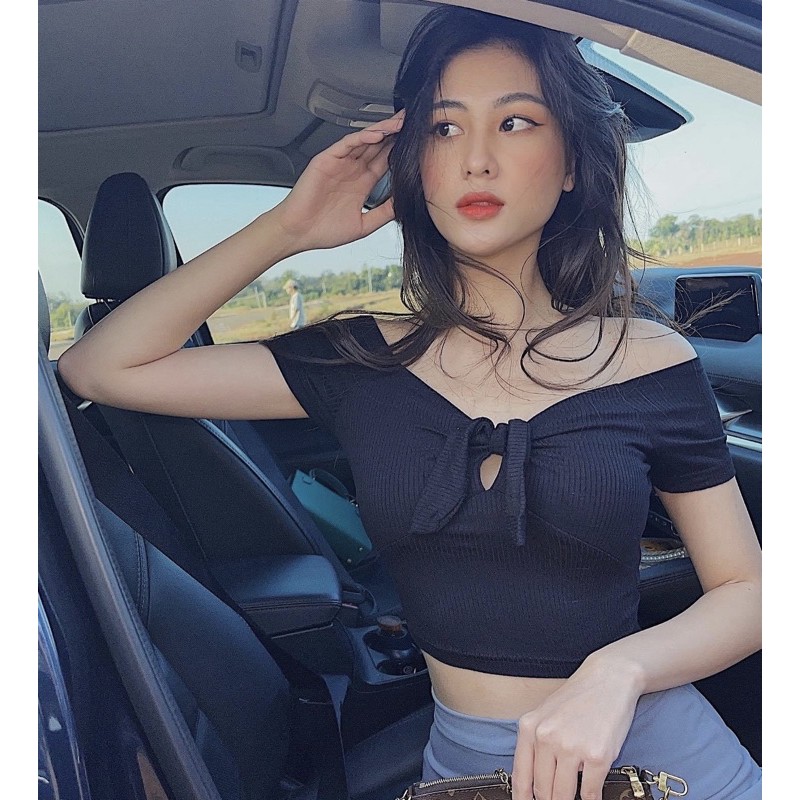 HEBEY CROPTOP▪Áo croptop bẹt vai nơ ngực