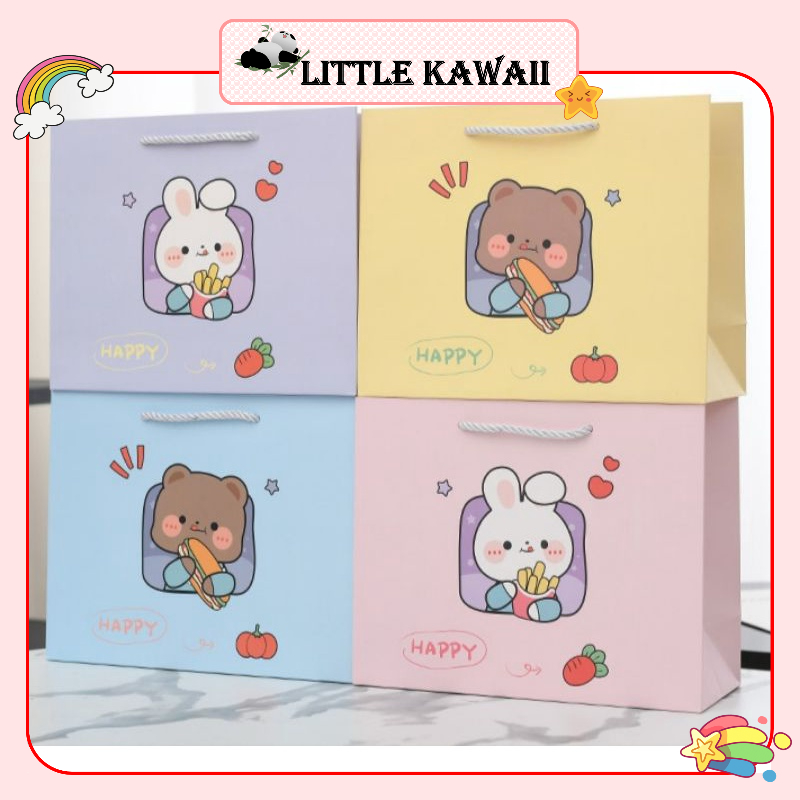 Túi giấy đựng quà size 24,5x9,5x19,5cm mẫu gấu thỏ cute quai lụa