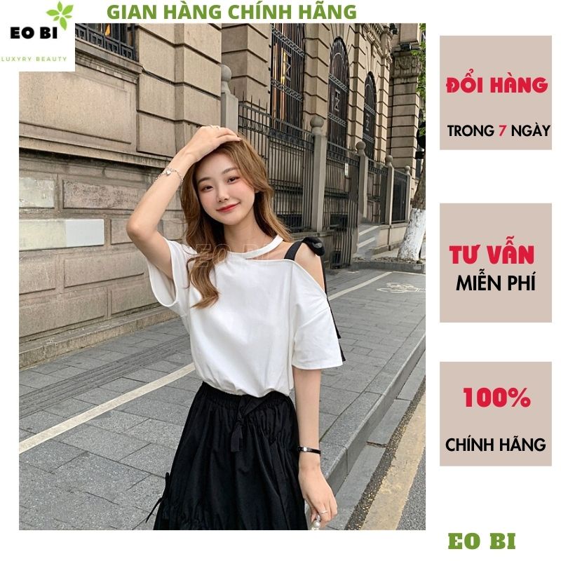 Áo thun nữ buộc nơ vai kiểu cổ choker hàn quốc tiểu thư bánh bèo dễ thương chất cottong thấm hút mồ hôi -EOBI