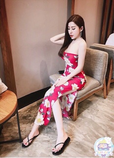Đầm ống maxi xẻ tà có cúp ngực