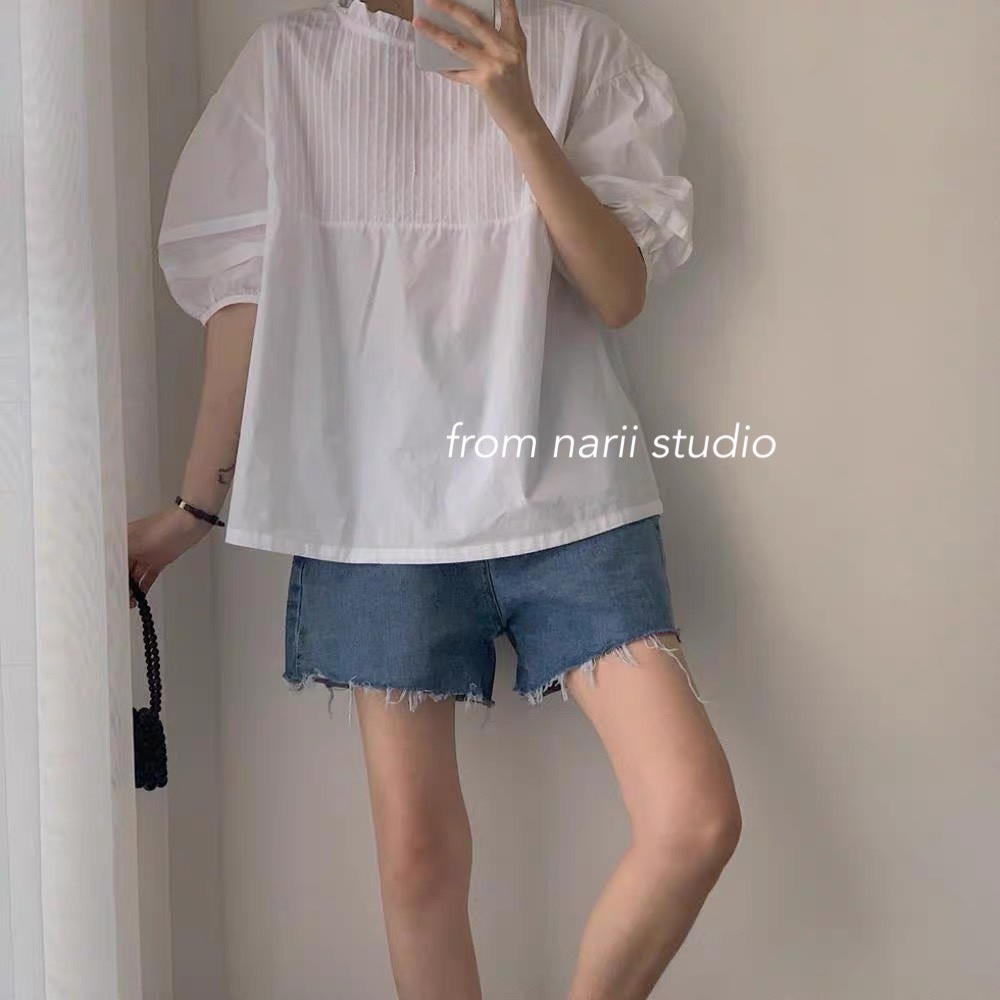 Áo sơ mi nữ tay dài NARII áo babydoll trắng Ulzzang Hàn Quốc xếp ly tay bồng