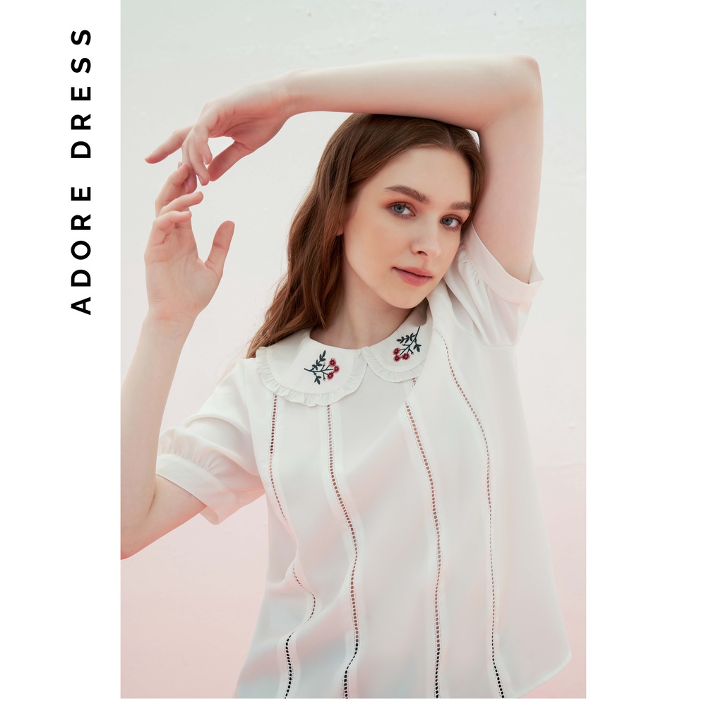 Áo sơ mi nữ trắng phối thêu lá cổ 2AO2036 ADORE DRESS
