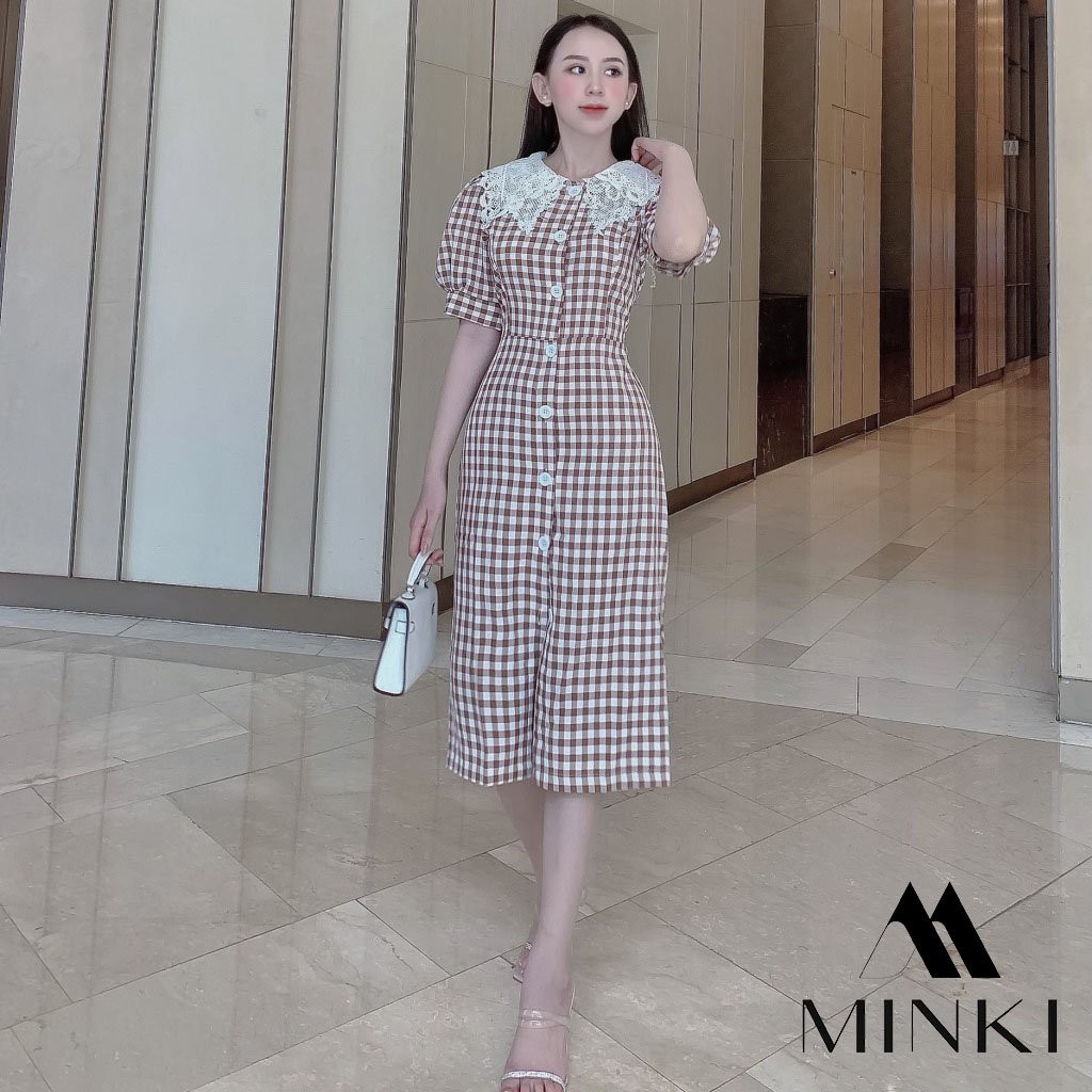 VÁY CARO CỔ REN CHO NỮ -Chất liệu Kaki Cotton nhập khẩu - Họa tiết Caro Hồng - Nâu - Xanh | BigBuy360 - bigbuy360.vn