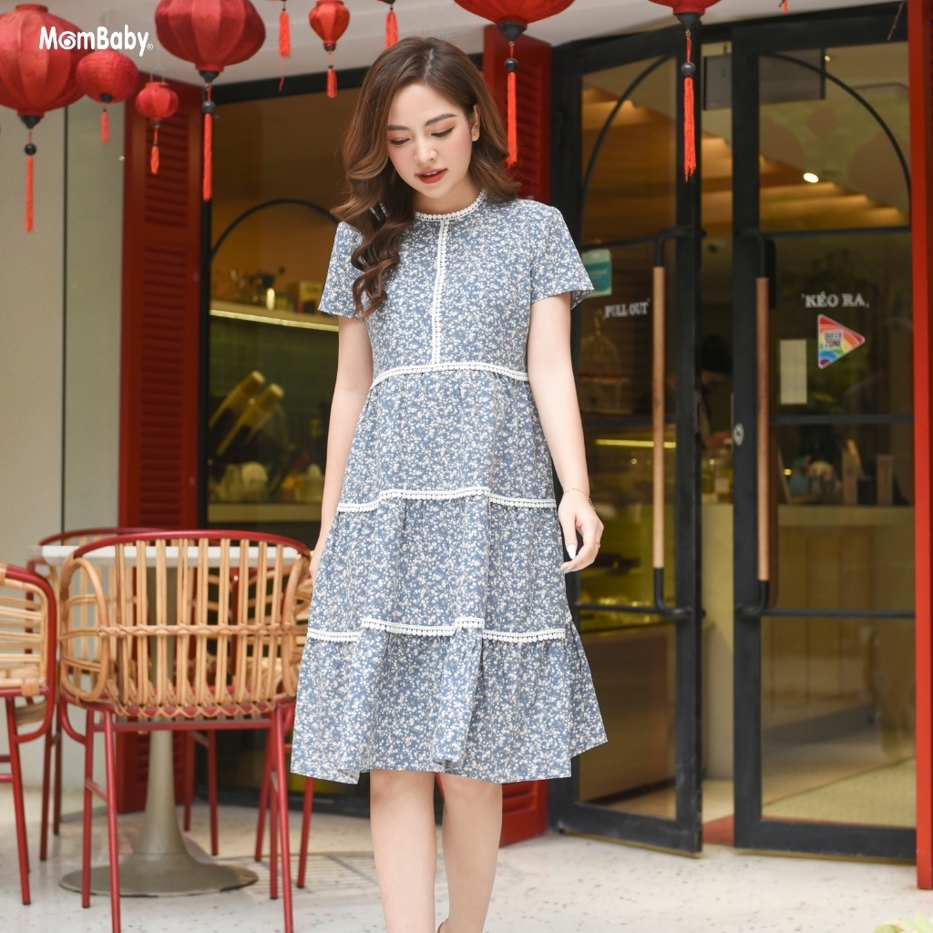 Váy bầu hoa nhí, Đầm bầu thiết kế màu xanh phối tầng ren xinh cao cấp MOMBABY