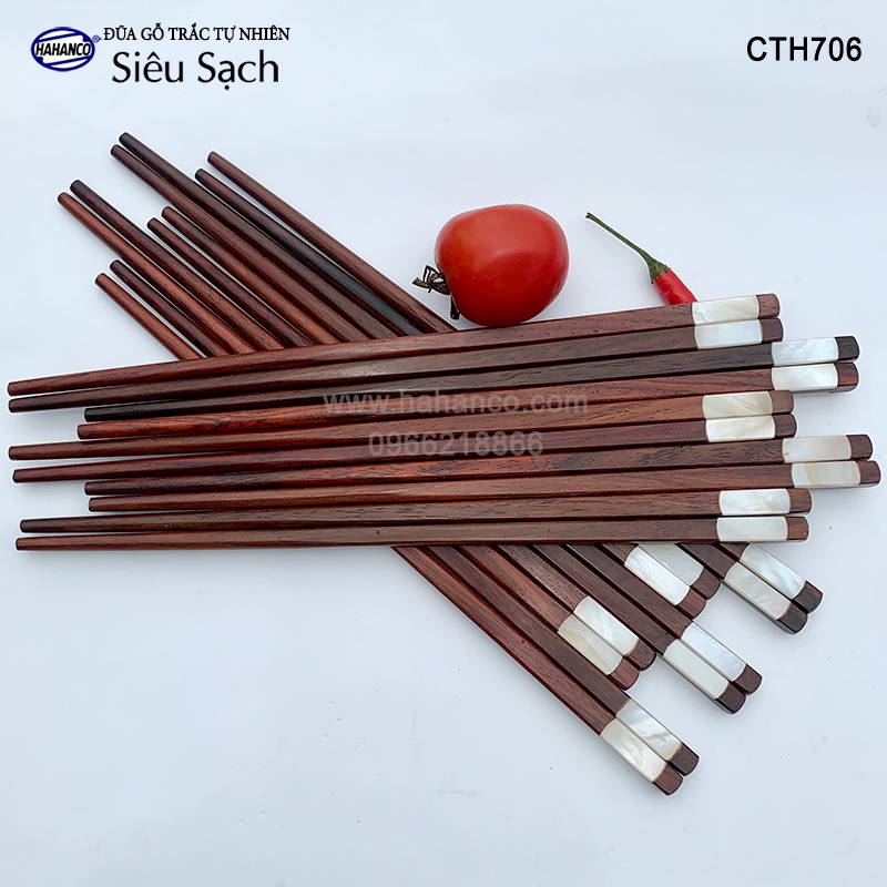 Đũa Gỗ Trắc Đầu Khảm Xà Cừ 2 cạnh HAHANCO (10 đôi) Kháng Khuẩn Siêu Sạch - CTH706