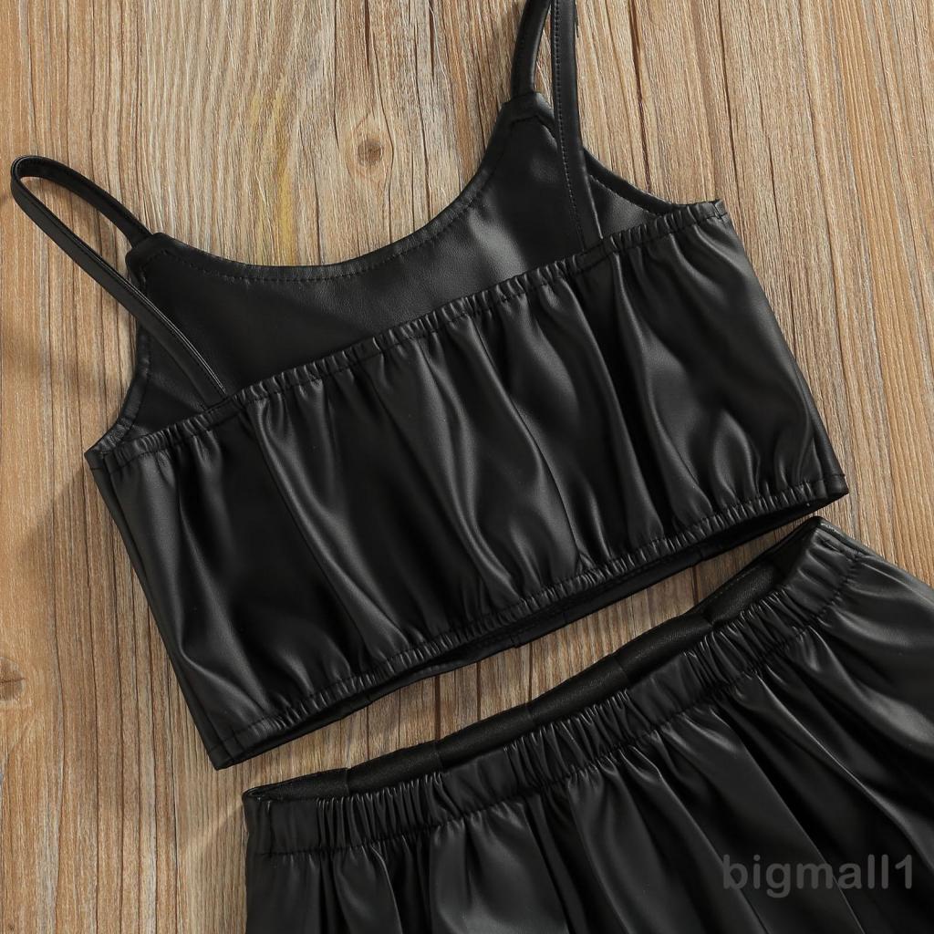 BIGMALL-1-6years Baby Girls Casual Suit, Solid Color Sleeveless Sling Tops+Button Pleated Short Skirt, Black
