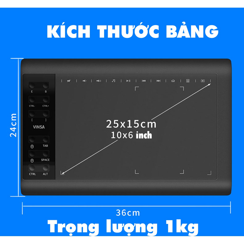 [Có cảm nhận] Bút bảng điện tử VINSA 1060Plus - Tích hợp driver, bút viết không cần thay pin - Hỗ trợ cài đặt