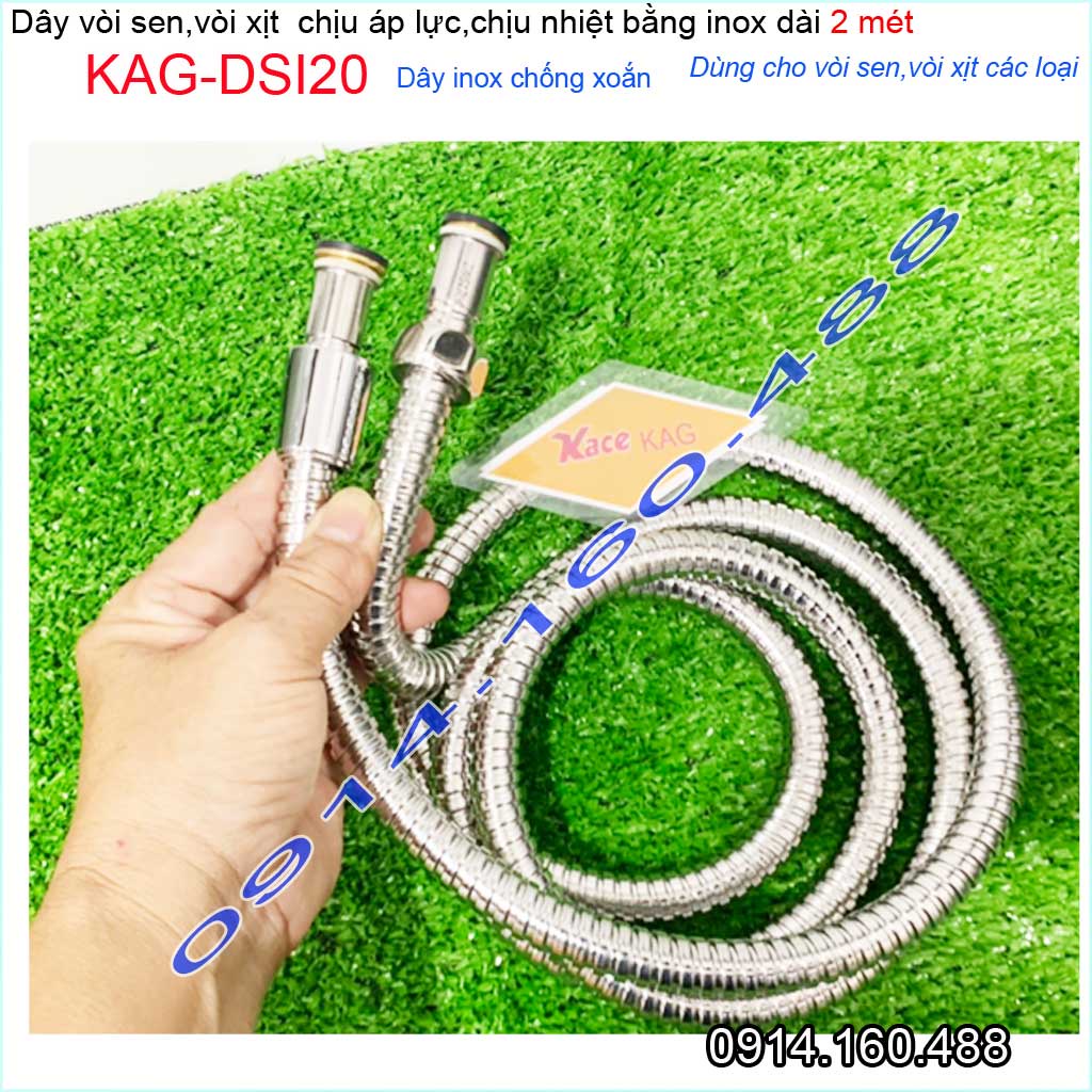Dây sen dài 2m KAG-DSI20, dây vòi tắm máy nước nóng- dây vòi xịt vệ sinh 2000mm, dây sen chống xoắn màu inox sử dụng tốt