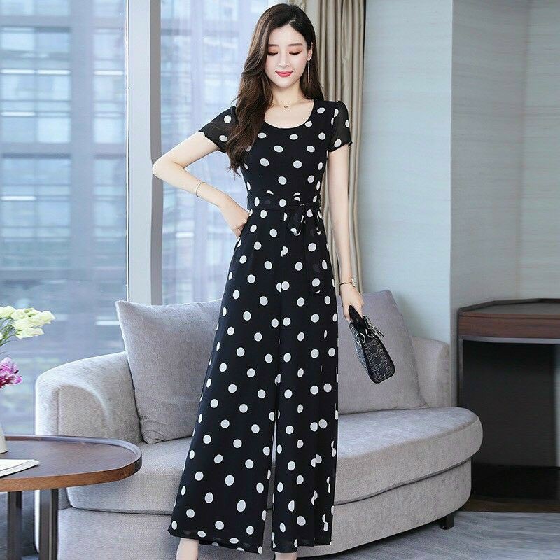 Jumpsuit dài chấm bi lụa mịn mát, bộ jum cổ tròn thắt eo - DTH