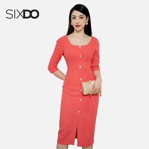 Đầm đỏ dáng ôm phối cúc SIXDO