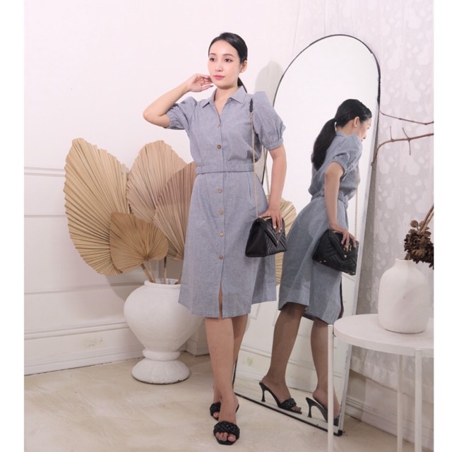 Lavender Dress - Đầm linen tím cổ sơ mi nhún eo tay bồng kèm đai chun