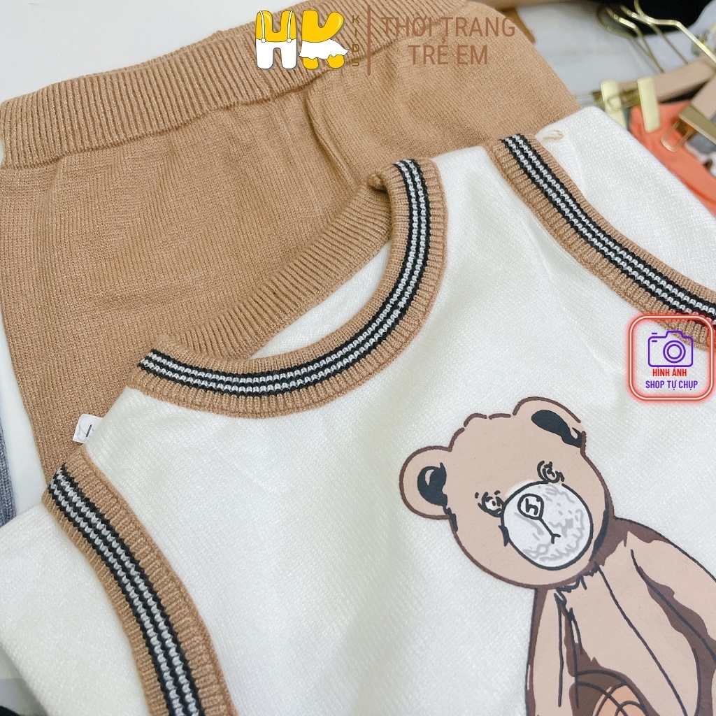 Bộ len cho bé từ 0-3 tuổi, chất len cao cấp mềm mịn, kiểu gile họa tiết gấu xinh xắn cho bé trai - HK KIDS (mã 0204)