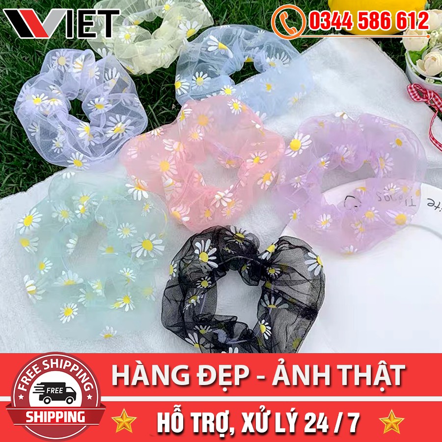 [FLASH SALE] Dây Buộc Tóc Scunchies Hoa Cúc Vải Xuyên Thấu Thời Trang