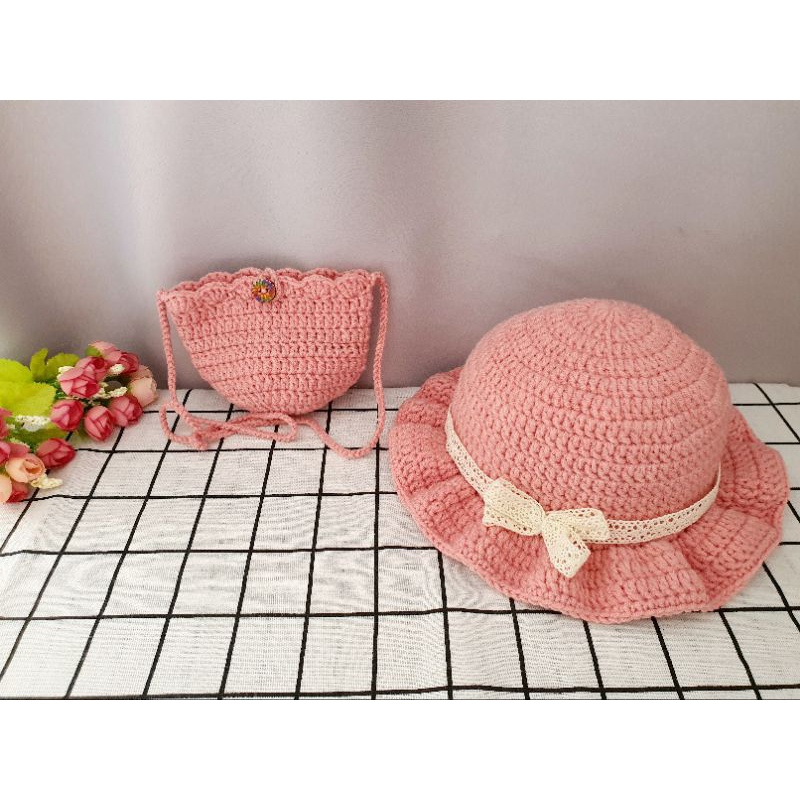 Set mũ vành bèo kèm túi đeo xinh xinh cho bé - Set mũ vành màu hồng vỏ đỗ cho bé từ 6 tháng - 3 tuổi