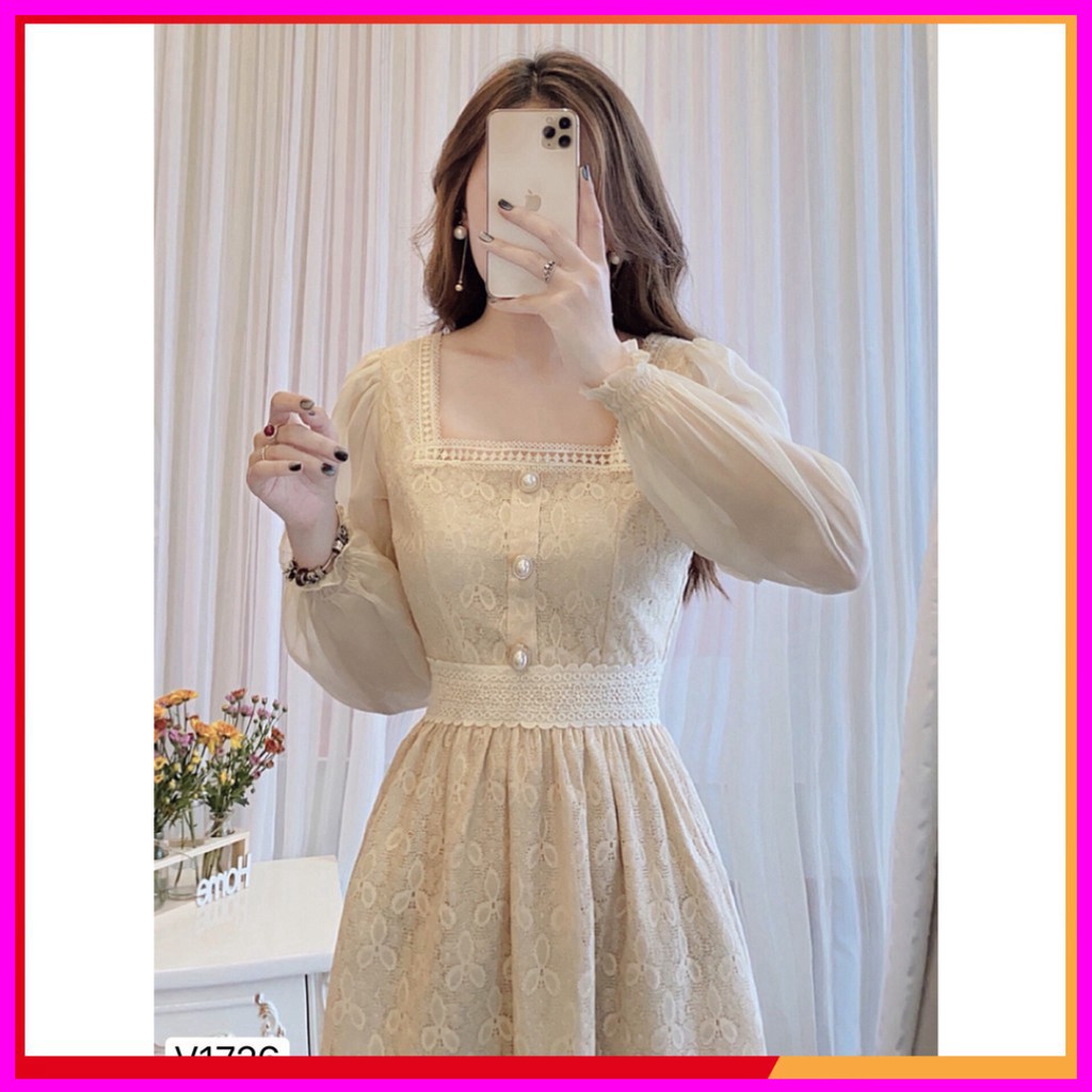 Váy ren xòe tay von cúc ngực V1726 - DVC Dolce Viva Colection Authentic ( Ảnh mẫu và ảnh trải sàn do shop tự chụp )
