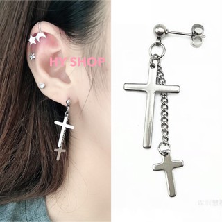 bông tai titan 2 chiếc thánh giá phối dây xích cá tính - khuyên tai thép y tế unisex BTS không dị ứng