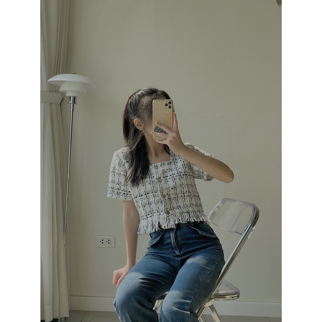 áo tweed cổ vuông ngắn tay TKA297 LOLLIE STUDIO