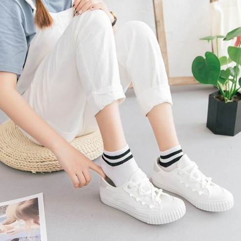 Tất vớ Nam Nữ Unisex 🧦 2 sọc ngắn /  trơn dài trắng đen co giãn, thấm hút mồ hôi