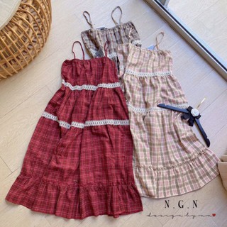 ĐẦM MAXI 2 DÂY CARO PHỐI REN TM