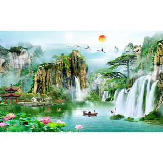 Tranh dán tường Phong Thủy 3D Sơn Thủy Hữu Tình NewTM-0036