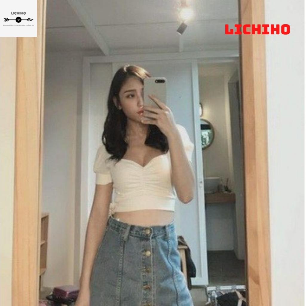 Áo croptop nữ tay phồng cổ vuông CT02 LICHIHO nhún ngược chất vải tốt mịn màn chất lượng quyến rủ | BigBuy360 - bigbuy360.vn