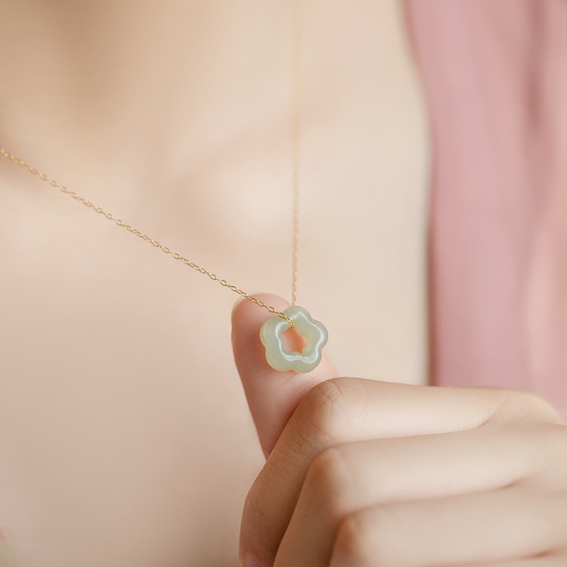 Vòng cổ Mạ Bạc 925 Mặt Hoa Đính Đá Ngọc Bích Thời Trang Cho Nữ
