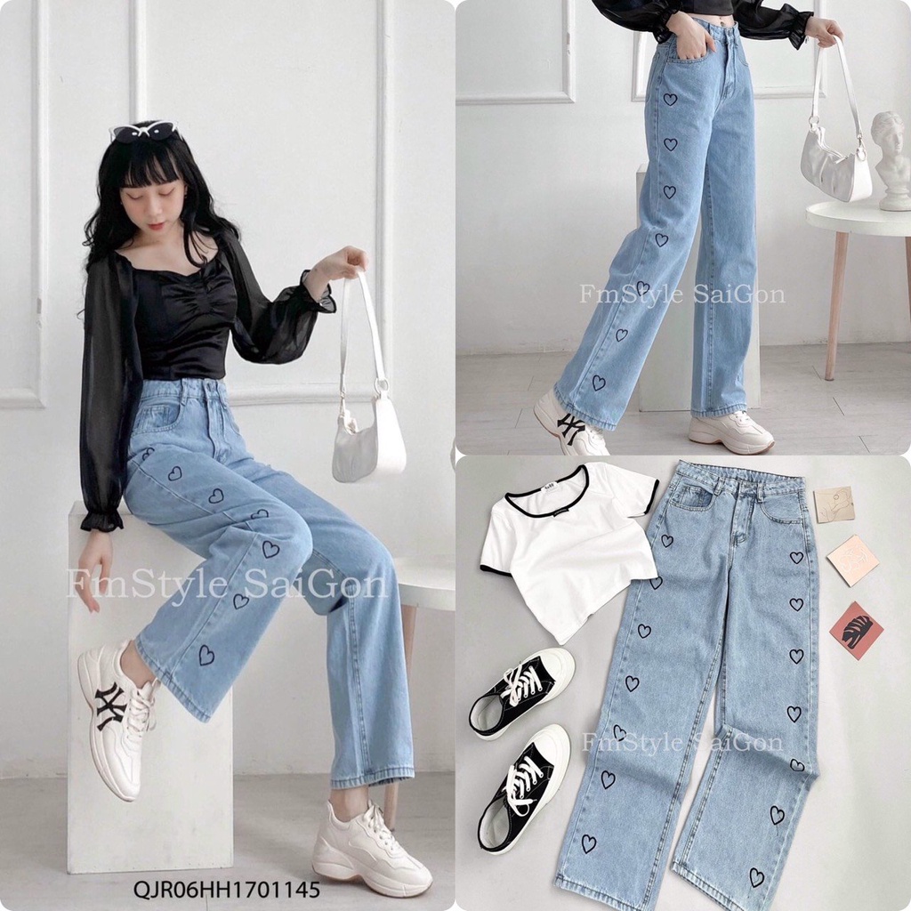 Quần Jeans Ống Rộng Màu xanh thiêu trái tim- Quần Ống Rộng Nữ Dáng Suông Jeans Lưng Cao Xưởng may LT77 | BigBuy360 - bigbuy360.vn