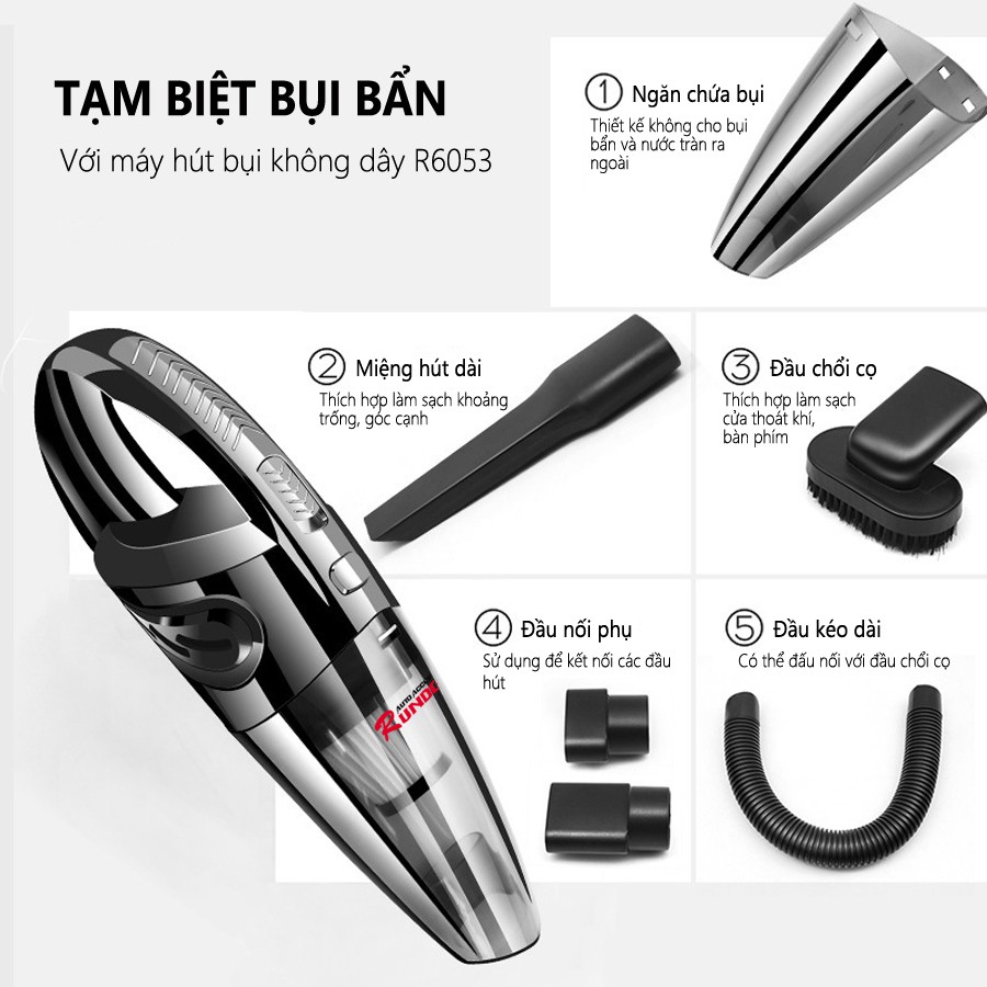 Máy hút bụi cầm tay không dây mini R-6053 cao cấp | Thiết kế đẹp mắt, sang trọng, nhỏ gọn dùng cho ô tô và gia đình