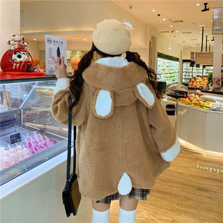 Áo Khoác Lông Cừu Nhân Tạo Phối Tai Gấu Dễ Thương Cho Nữ Dịp Giáng Sinh