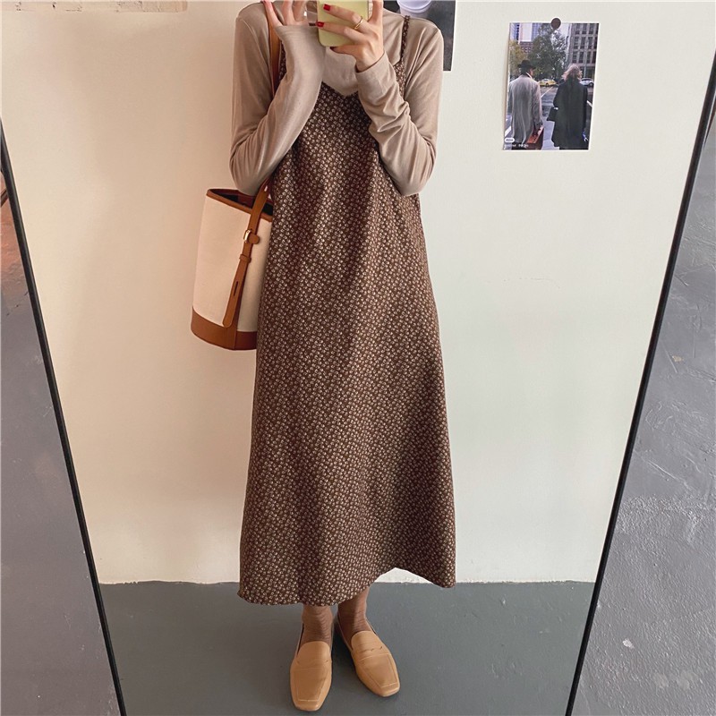 (ORDER) Váy yếm hai dây hoa nhí MORAN suông dài đơn giản vintage Hàn Quốc