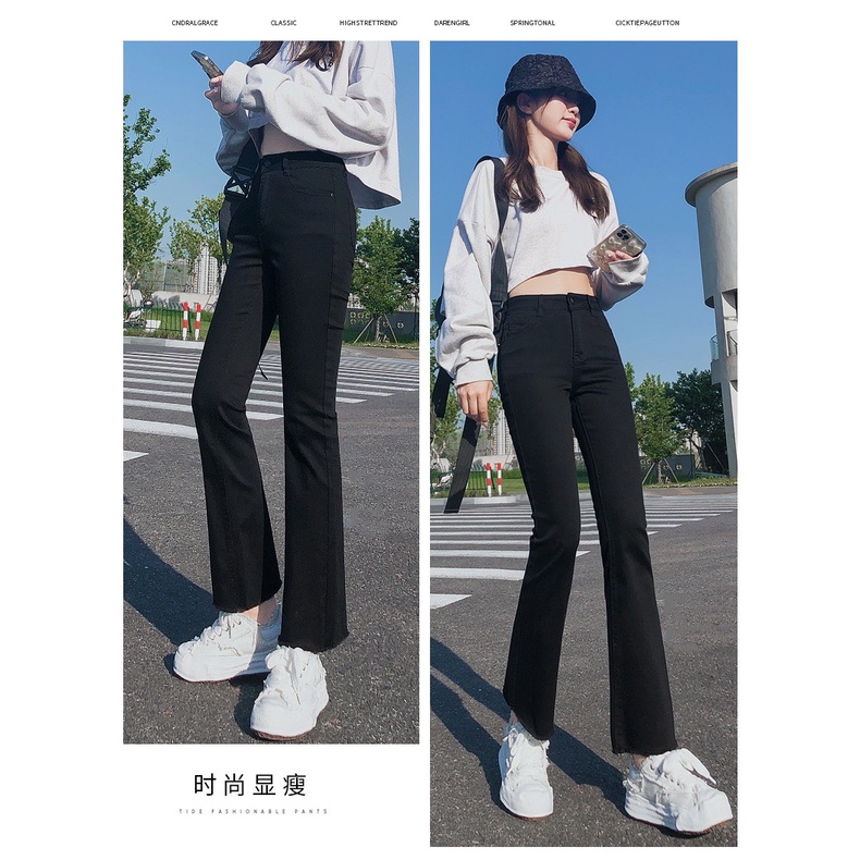 Quần Jeans Co Giãn Ống Loe Cạp Cao Màu Đen Cao Cấp | Tdshopnt Q21