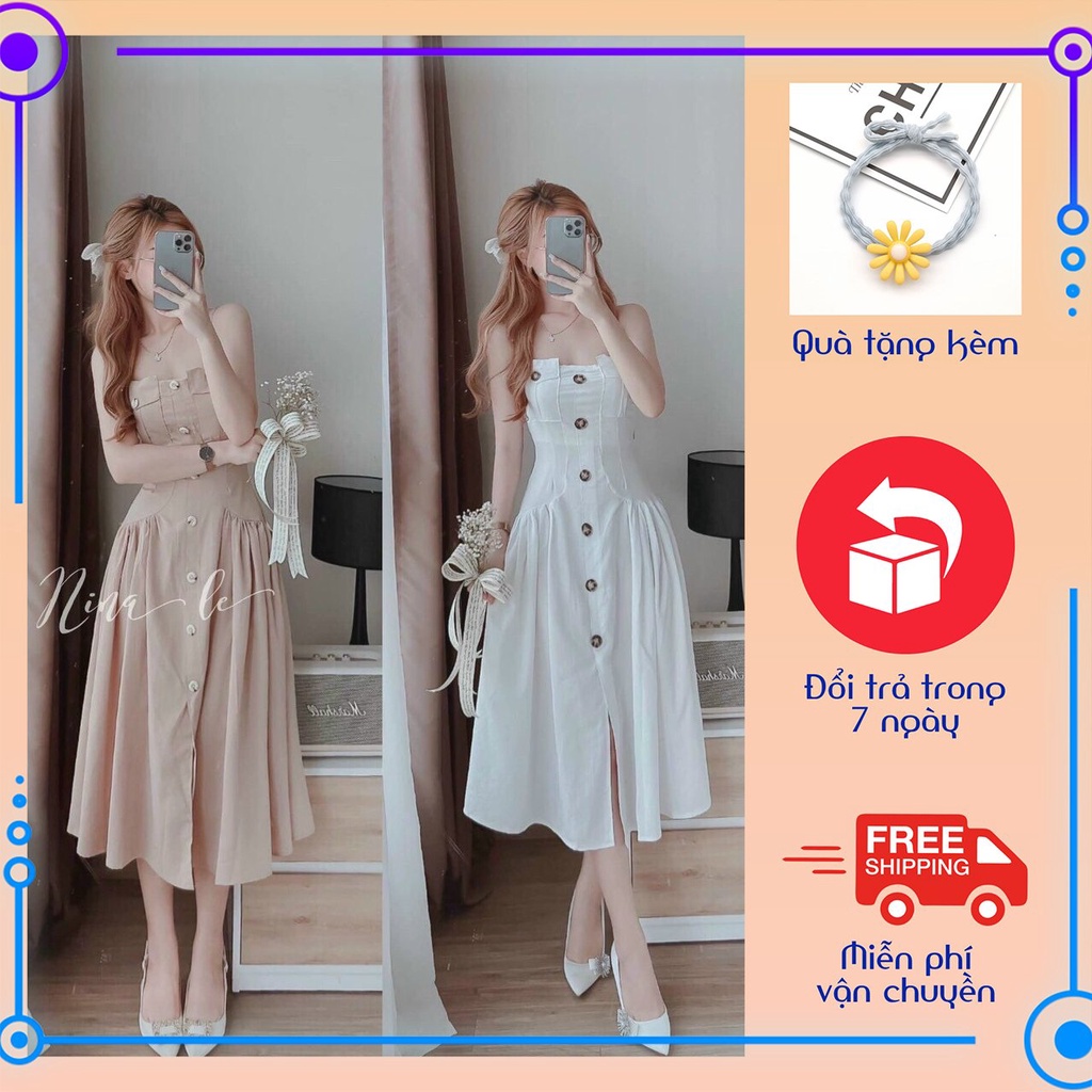 Đầm 2 dây dáng dài phối nút thật ChemMix thiết kế kiểu xòe siêu xinh cho nàng dạo phố, đi biển