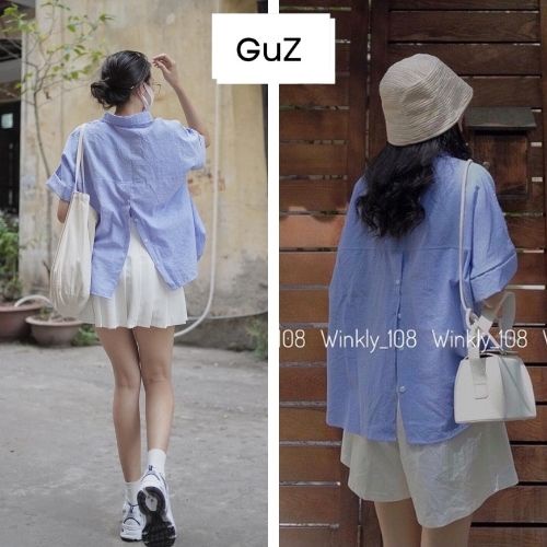 Áo sơ mi cổ bẻ dáng rộng cài cúc sau màu xanh kèm quần short cạp chun ống rộng trẻ trung cá tính GuZ