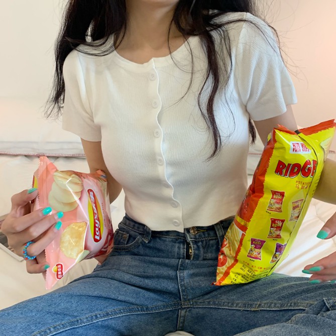 「HOME5」 Áo len croptop AimeiBeauty tay ngắn trẻ trung